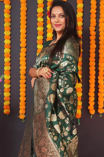 Dark green silk blend banarasi saree with zari weaving