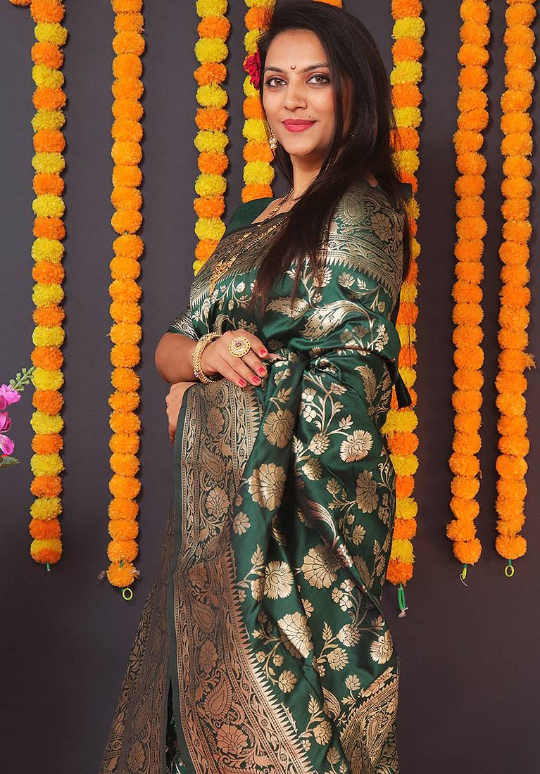 Dark green silk blend banarasi saree with zari weaving