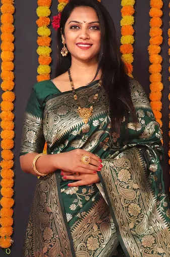 Dark green silk blend banarasi saree with zari weaving