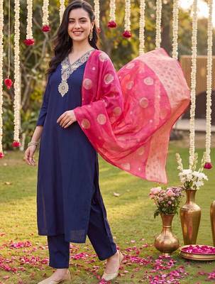 Women Ethnic Motifs Embroidered Regular Thread Work Kurta with Trousers & With Dupatta 1