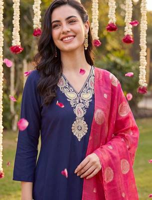 Women Ethnic Motifs Embroidered Regular Thread Work Kurta with Trousers & With Dupatta 2