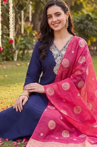 Women Ethnic Motifs Embroidered Regular Thread Work Kurta with Trousers & With Dupatta