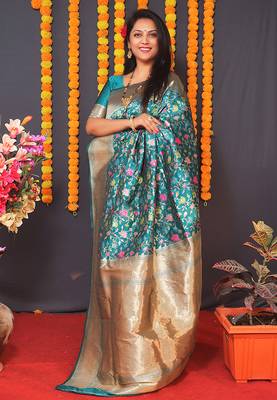 Teal blue banarasi silk blend saree with floral jaal & zari border 2