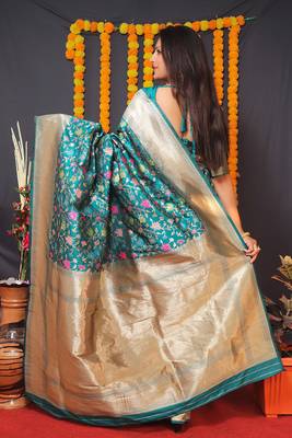 Teal blue banarasi silk blend saree with floral jaal & zari border 3