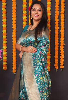 Teal blue banarasi silk blend saree with floral jaal & zari border 4