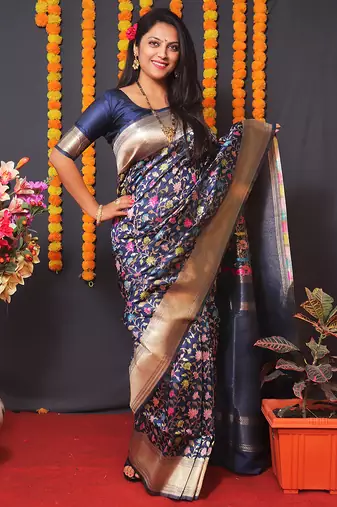 Navy blue banarasi silk blend saree with floral jaal & zari border