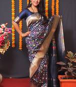 Navy blue banarasi silk blend saree with floral jaal & zari border
