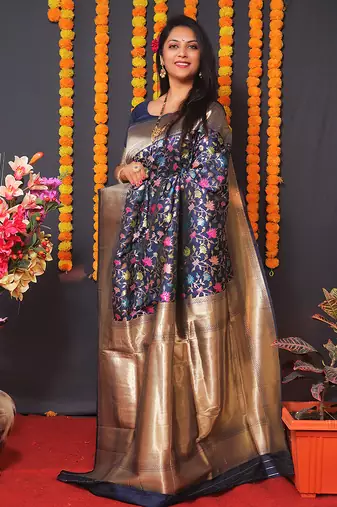 Navy blue banarasi silk blend saree with floral jaal & zari border
