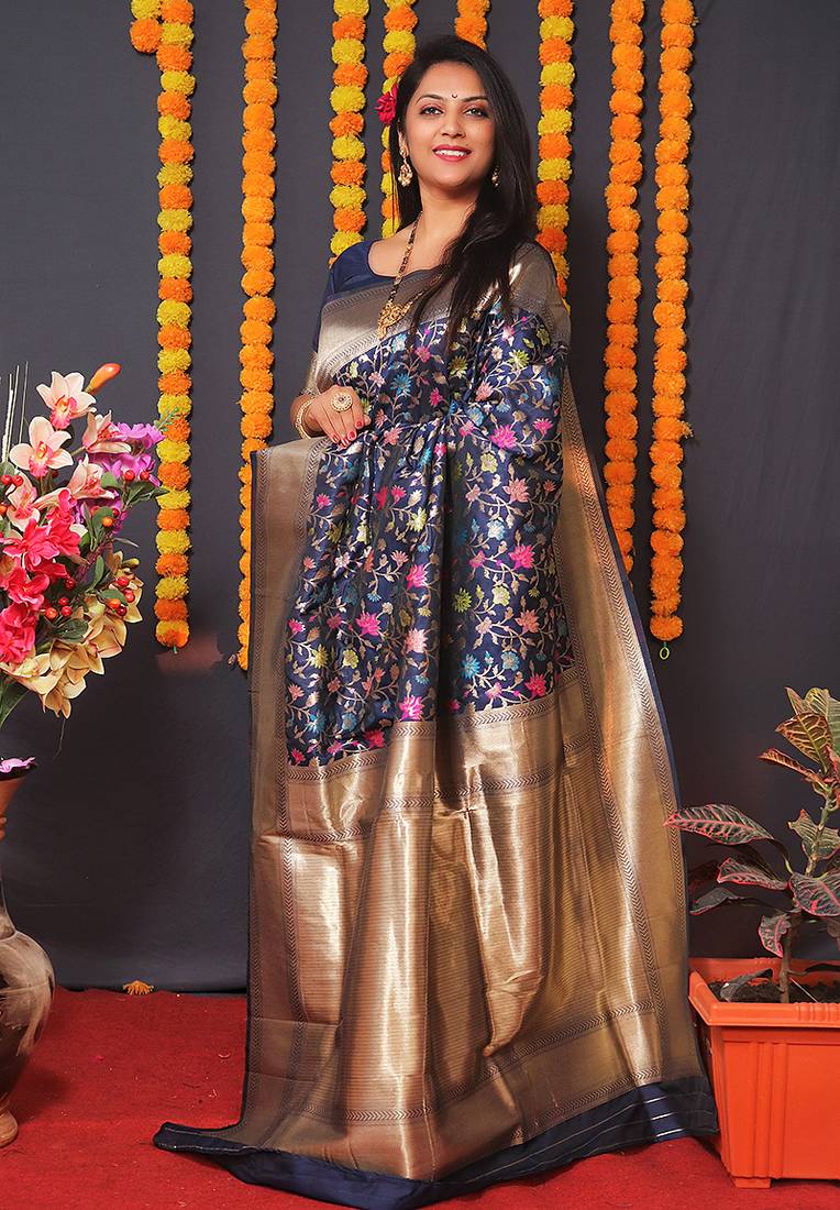 Navy blue banarasi silk blend saree with floral jaal & zari border