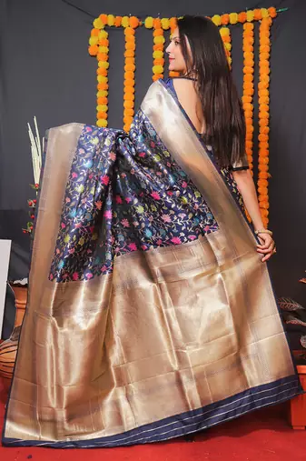 Navy blue banarasi silk blend saree with floral jaal & zari border