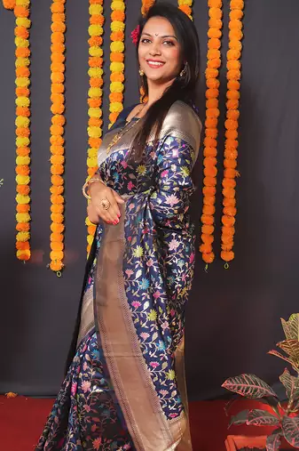 Navy blue banarasi silk blend saree with floral jaal & zari border