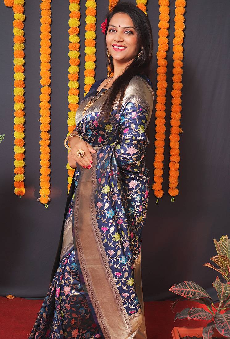 Navy blue banarasi silk blend saree with floral jaal & zari border