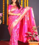 Rani pink banarasi silk blend saree with floral jaal & zari border