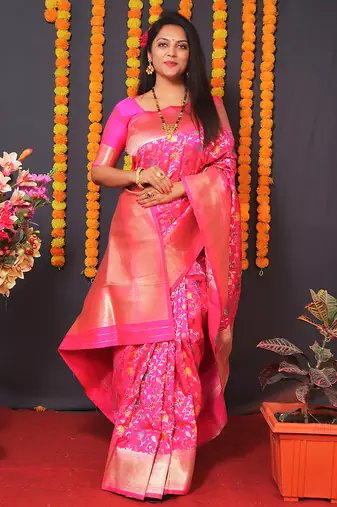 Rani pink banarasi silk blend saree with floral jaal & zari border