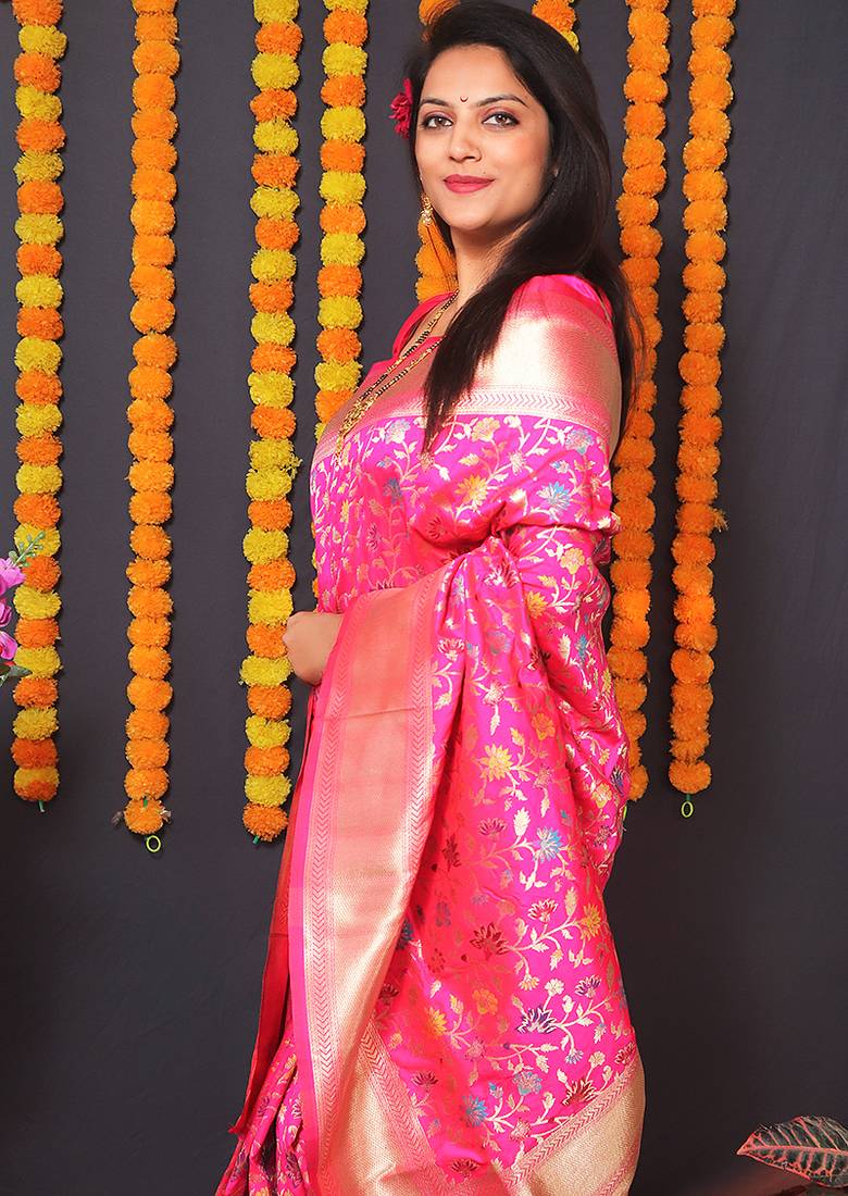 Rani pink banarasi silk blend saree with floral jaal & zari border