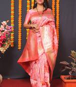 Light pink banarasi silk blend saree with floral jaal & zari border