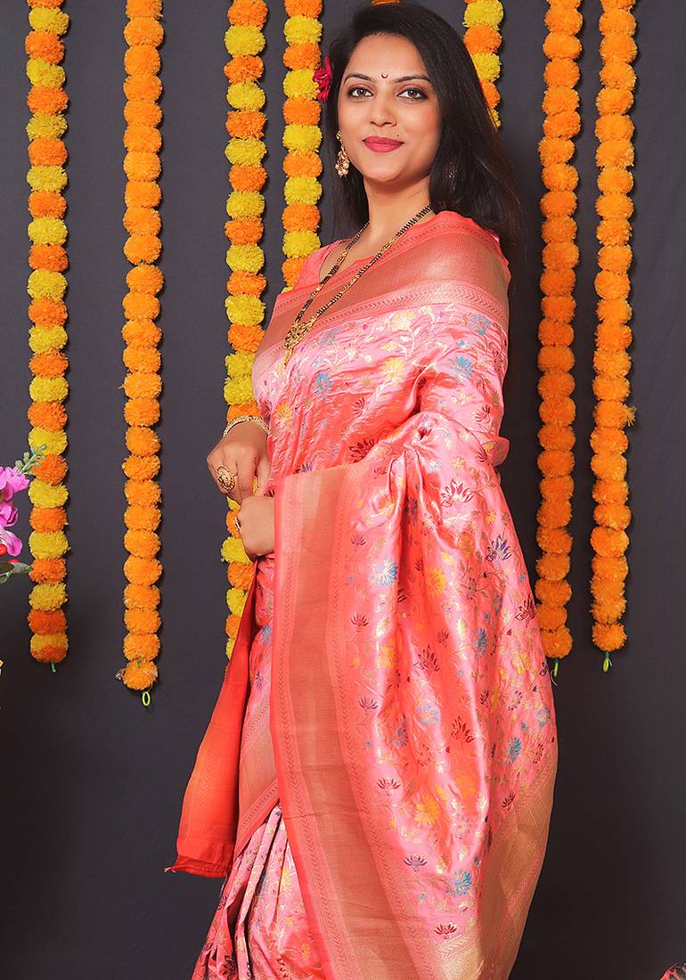 Light pink banarasi silk blend saree with floral jaal & zari border