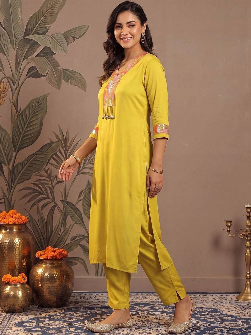 Women Ethnic Motifs Regular Sequinned Kurta with Trousers