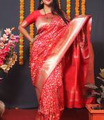 Red banarasi silk blend saree with floral jaal & zari border