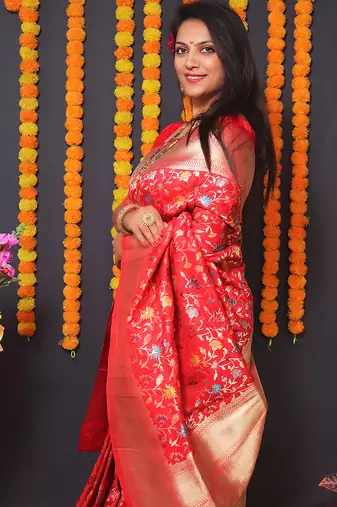 Red banarasi silk blend saree with floral jaal & zari border