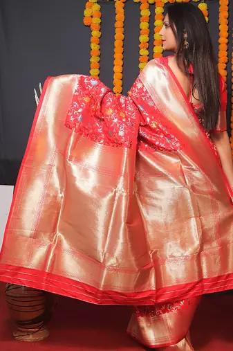 Red banarasi silk blend saree with floral jaal & zari border