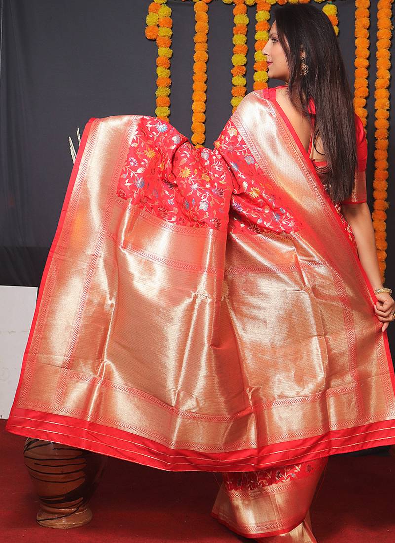 Red banarasi silk blend saree with floral jaal & zari border