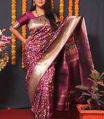 Wine banarasi silk blend saree with floral jaal & zari border
