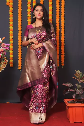Wine banarasi silk blend saree with floral jaal & zari border
