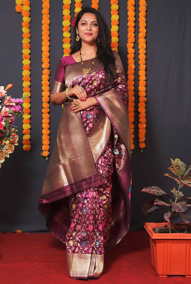 Wine banarasi silk blend saree with floral jaal & zari border