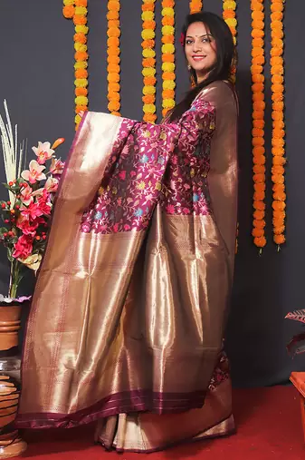 Wine banarasi silk blend saree with floral jaal & zari border