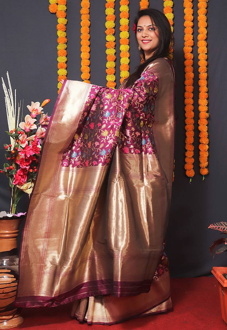 Wine banarasi silk blend saree with floral jaal & zari border