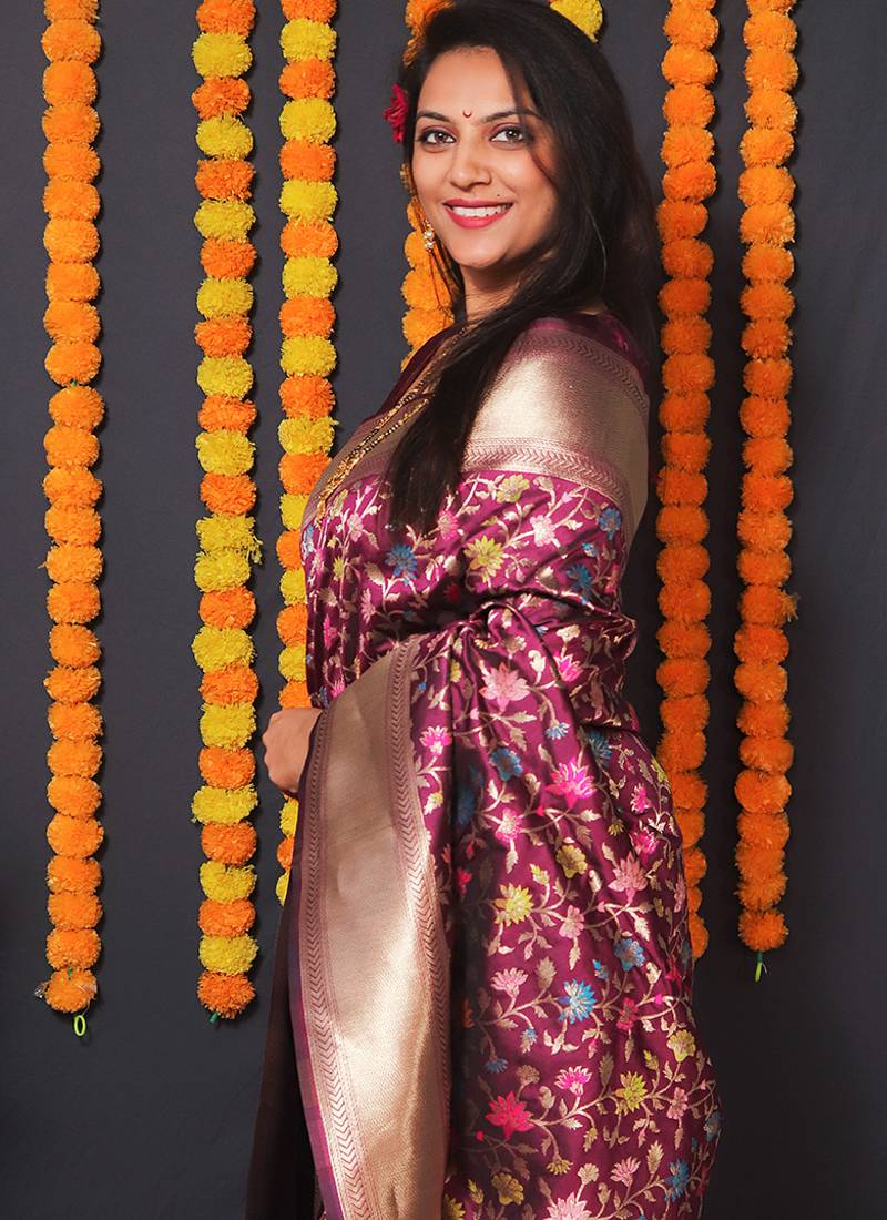 Wine banarasi silk blend saree with floral jaal & zari border