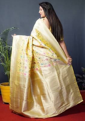 Lemon yellow banarasi silk blend saree with floral jaal & zari border 2