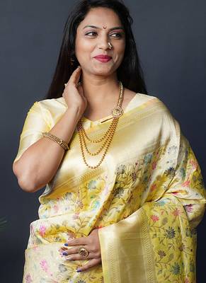 Lemon yellow banarasi silk blend saree with floral jaal & zari border 4