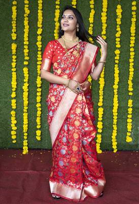 Red silk blend banarasi zari woven saree with blouse 1