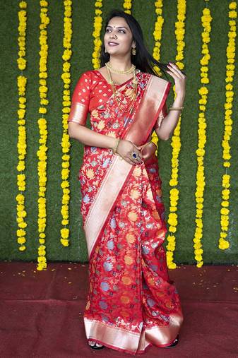 Red silk blend banarasi zari woven saree with blouse