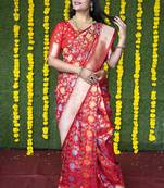 Red silk blend banarasi zari woven saree with blouse