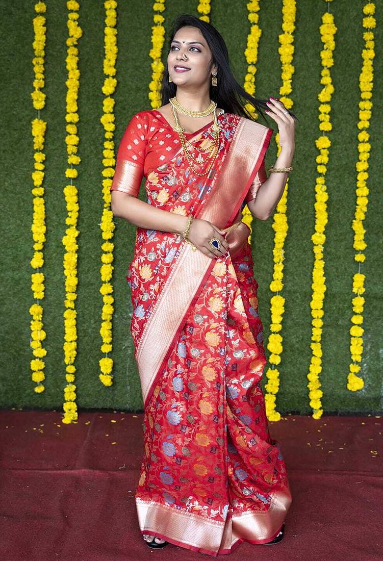 Red silk blend banarasi zari woven saree with blouse