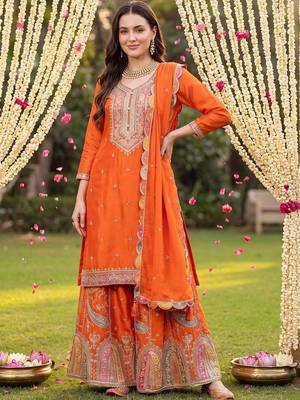 Women Ethnic Motifs Embroidered Regular Kurta with Sharara & With Dupatta 5