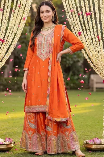 Women Ethnic Motifs Embroidered Regular Kurta with Sharara & With Dupatta