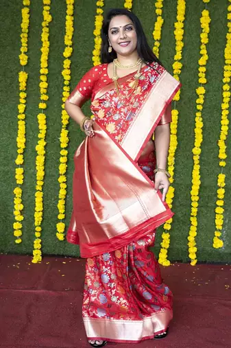 Red silk blend banarasi zari woven saree with blouse