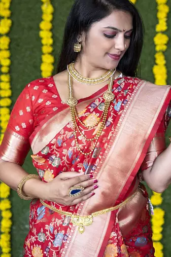 Red silk blend banarasi zari woven saree with blouse