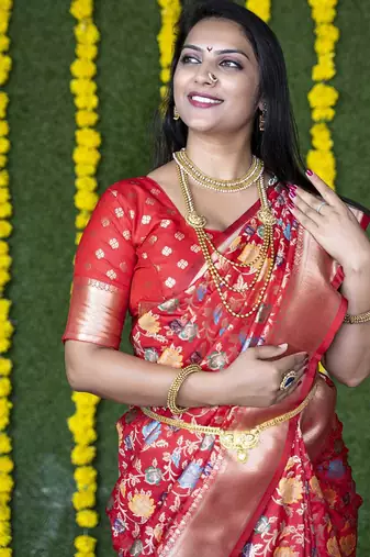 Red silk blend banarasi zari woven saree with blouse
