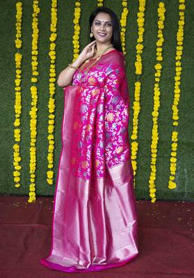Rani pink silk blend banarasi zari woven saree with blouse 1