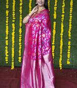 Rani pink silk blend banarasi zari woven saree with blouse