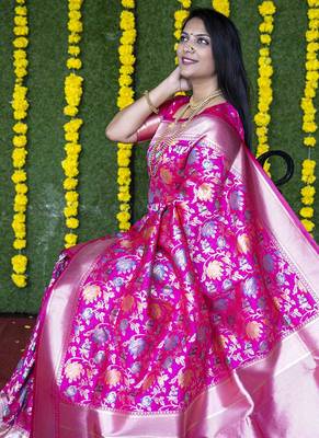 Rani pink silk blend banarasi zari woven saree with blouse 3