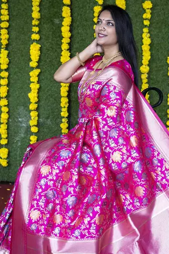 Rani pink silk blend banarasi zari woven saree with blouse