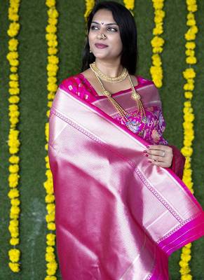 Rani pink silk blend banarasi zari woven saree with blouse 4