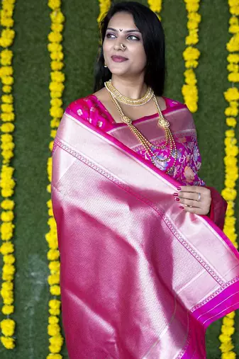 Rani pink silk blend banarasi zari woven saree with blouse
