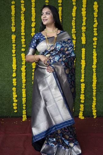 Navy blue silk blend banarasi zari woven saree with blouse